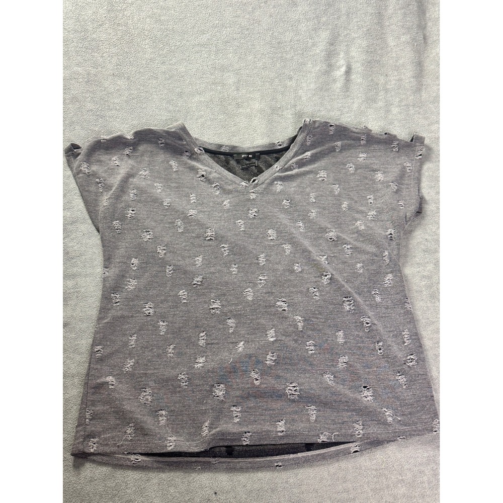 Miss Me Womens Gray Distressed‎ V-Neck Short Sleeve Top Acid Wash Caged Sleeve L